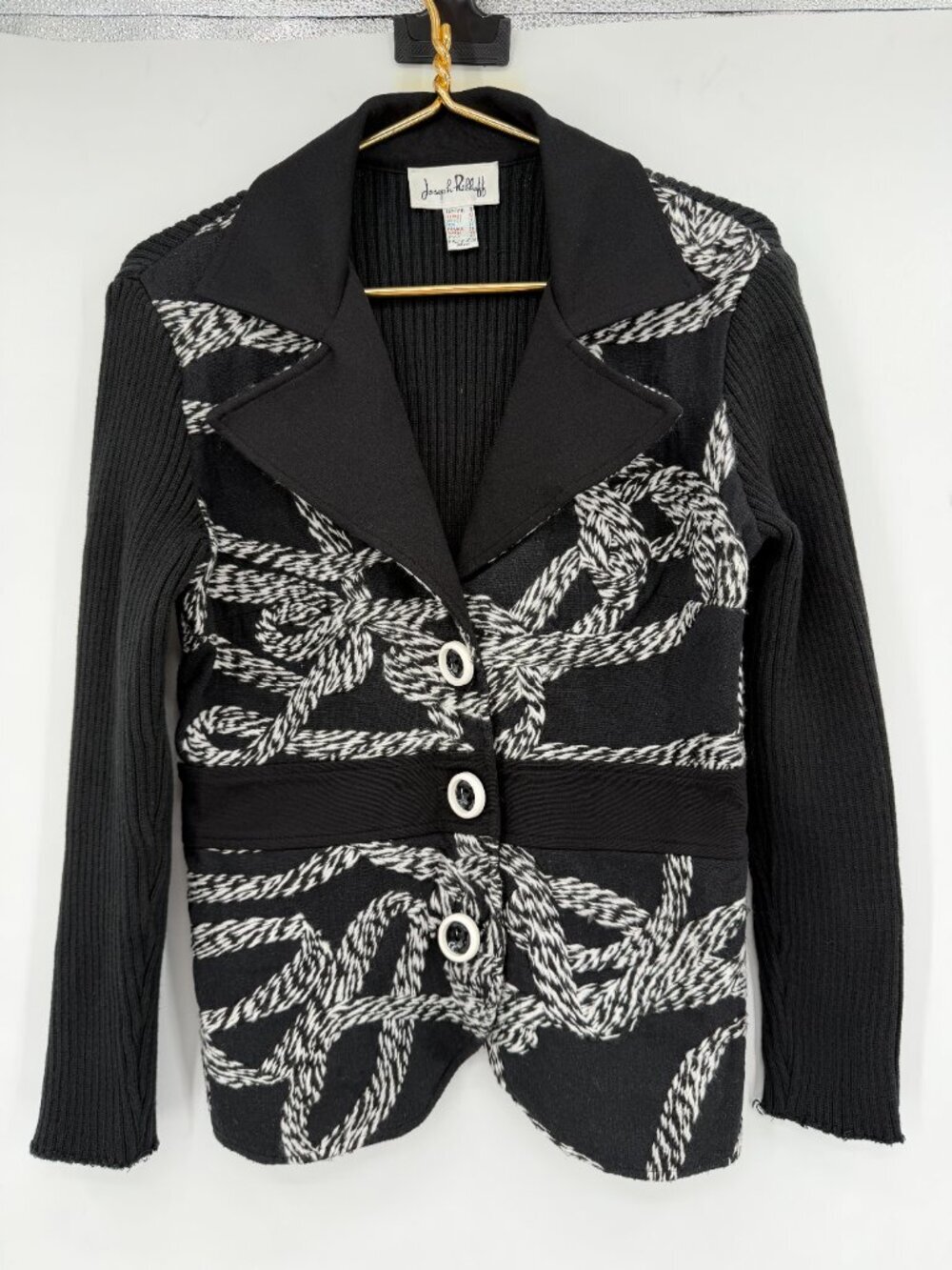 Joseph Ribkoff Size 8 Black White Rope Print Knit Jacket Blazer Made in Canada